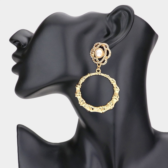 Gold Pearl Flower Rhinestone Bamboo Dangle Doorknocker Hoop Earrings Trendy - Picture 1 of 2
